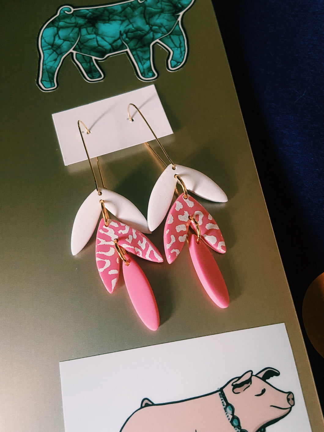 Pink & White Cheetah Print Dangling Clay Earrings