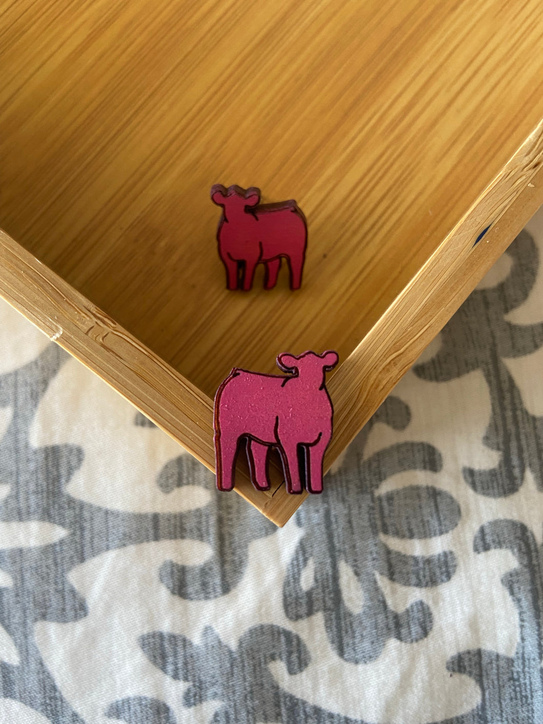 Magenta Cow Wooden Stud Earrings