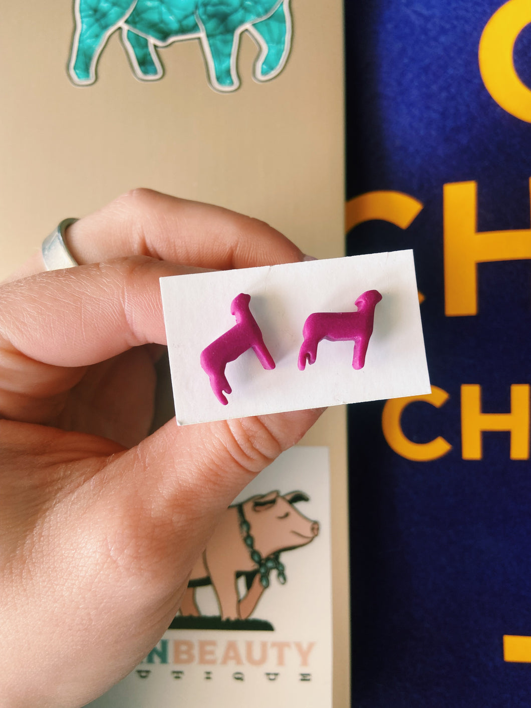 Magenta/Purple Lamb Clay Stud Earrings