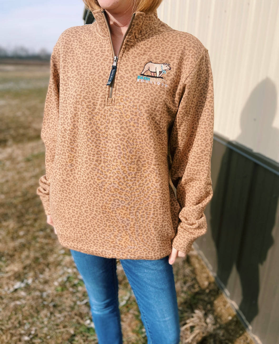 Barn Beauty Boutique Brown Cheetah Print Chester Quarter Zip Sweatshirt