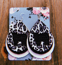 Load image into Gallery viewer, Black, Grey, &amp; White Cheetah Print Cow Teardrop Shaped Earrings

