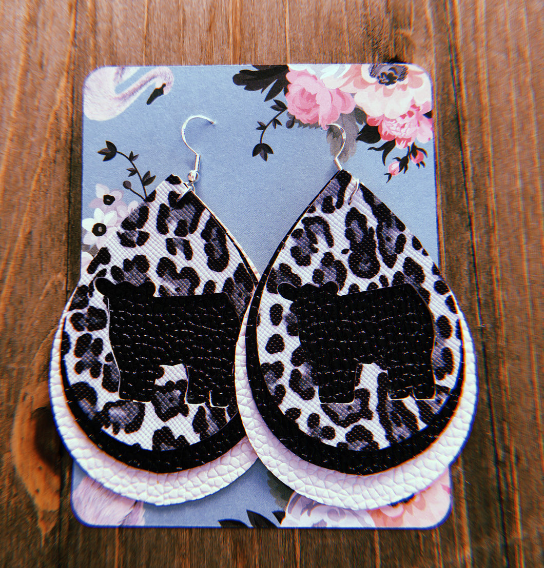 Black, Grey, & White Cheetah Print Cow Teardrop Shaped Earrings