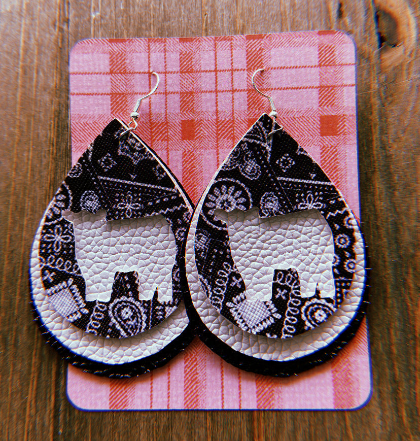Black & White Paisley Cow Teardrop Shaped Earrings