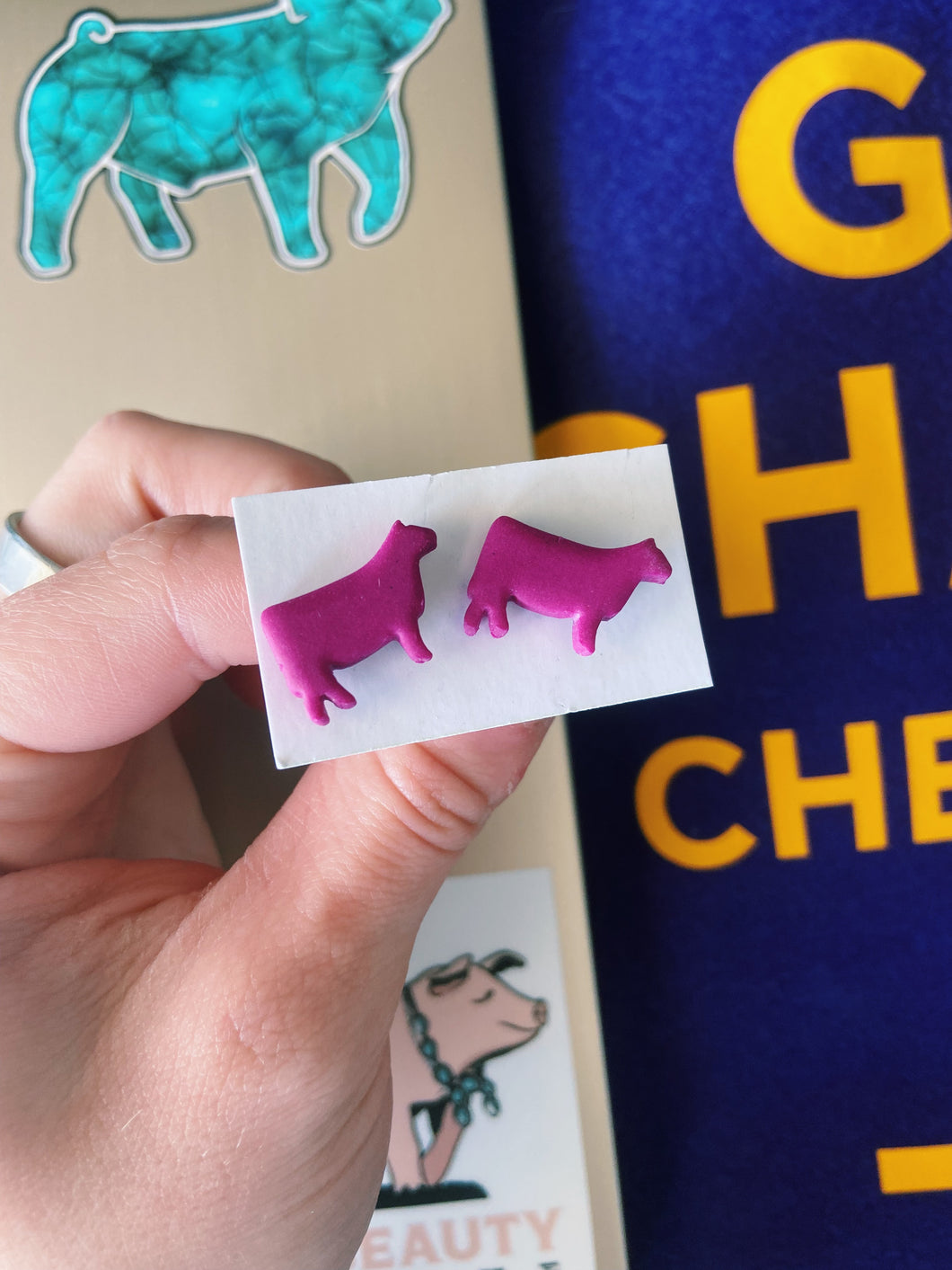 Magenta/Purple Cow Clay Stud Earrings