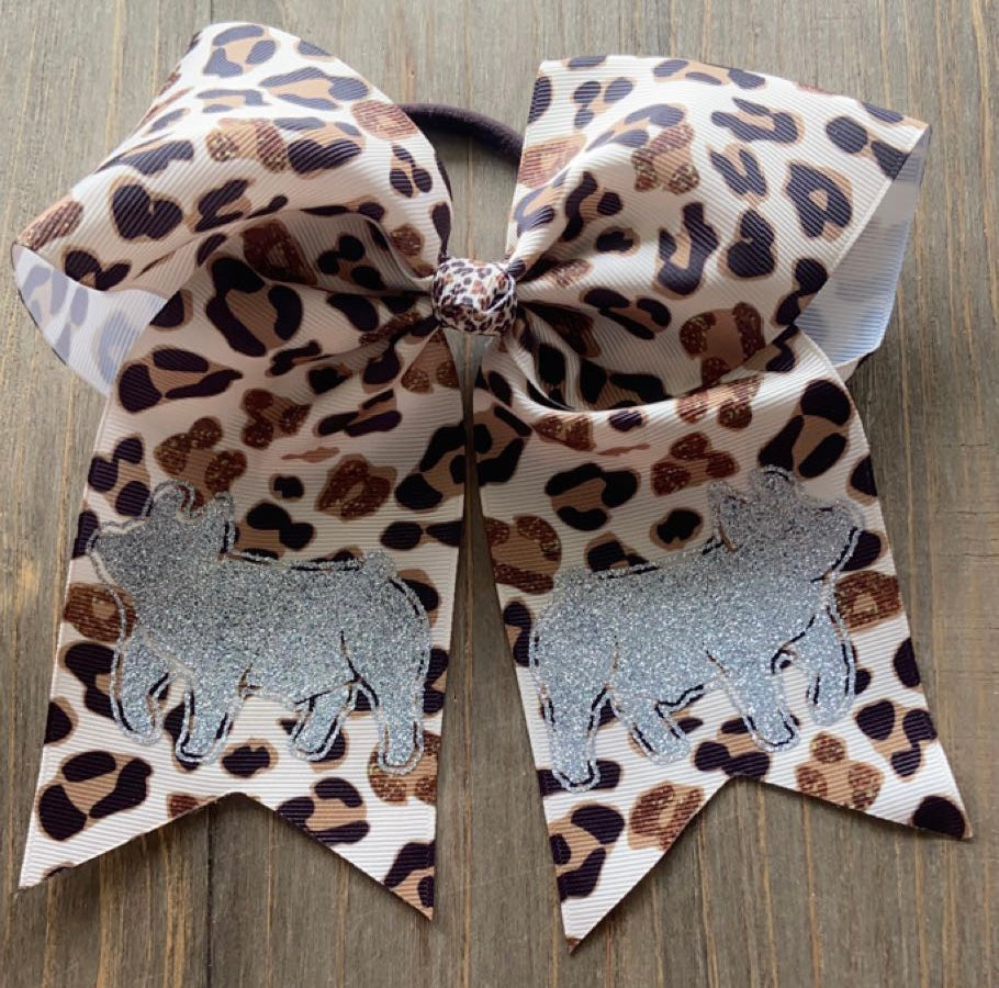 Cheetah & Sparkly Silver Pig Hair Tie Bow