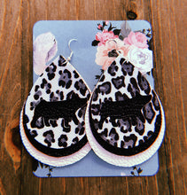 Load image into Gallery viewer, Black, Grey, &amp; White Cheetah Print Pig Teardrop Shaped Earrings
