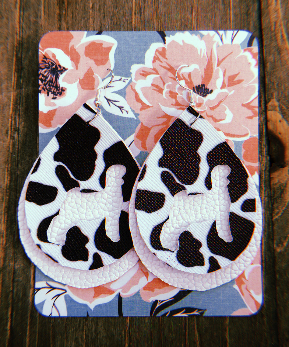 Black & White Cow Print Goat Teardrop Shaped Earrings
