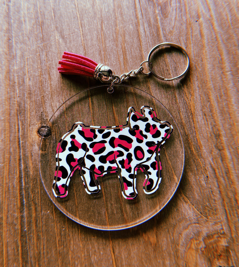 Cheetah Print Pig Clear Circle Keychain