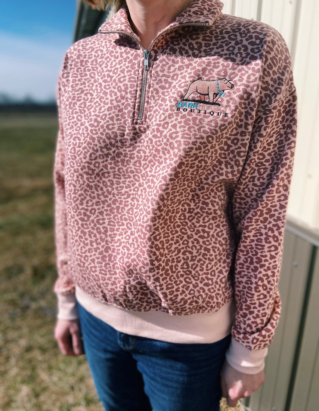 Barn Beauty Boutique Pink Cheetah Quarter Zip Chester Sweatshirt