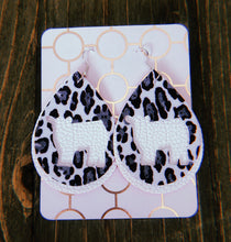 Load image into Gallery viewer, Black, Grey, &amp; White Cheetah Print Cow Teardrop Shaped Earrings
