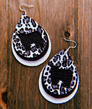 Load image into Gallery viewer, Black, Grey, &amp; White Cheetah Print Cow Teardrop Shaped Earrings
