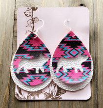 Load image into Gallery viewer, Vibrant Blue, Hot Pink &amp; Dark Brown Aztec Pig Teardrop Shaped Earrings
