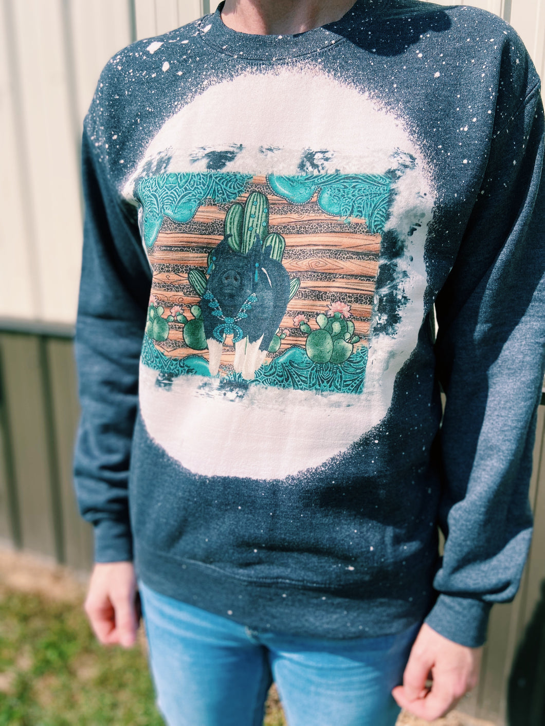 Turquoise & Cactus Bleached Pig Crewneck