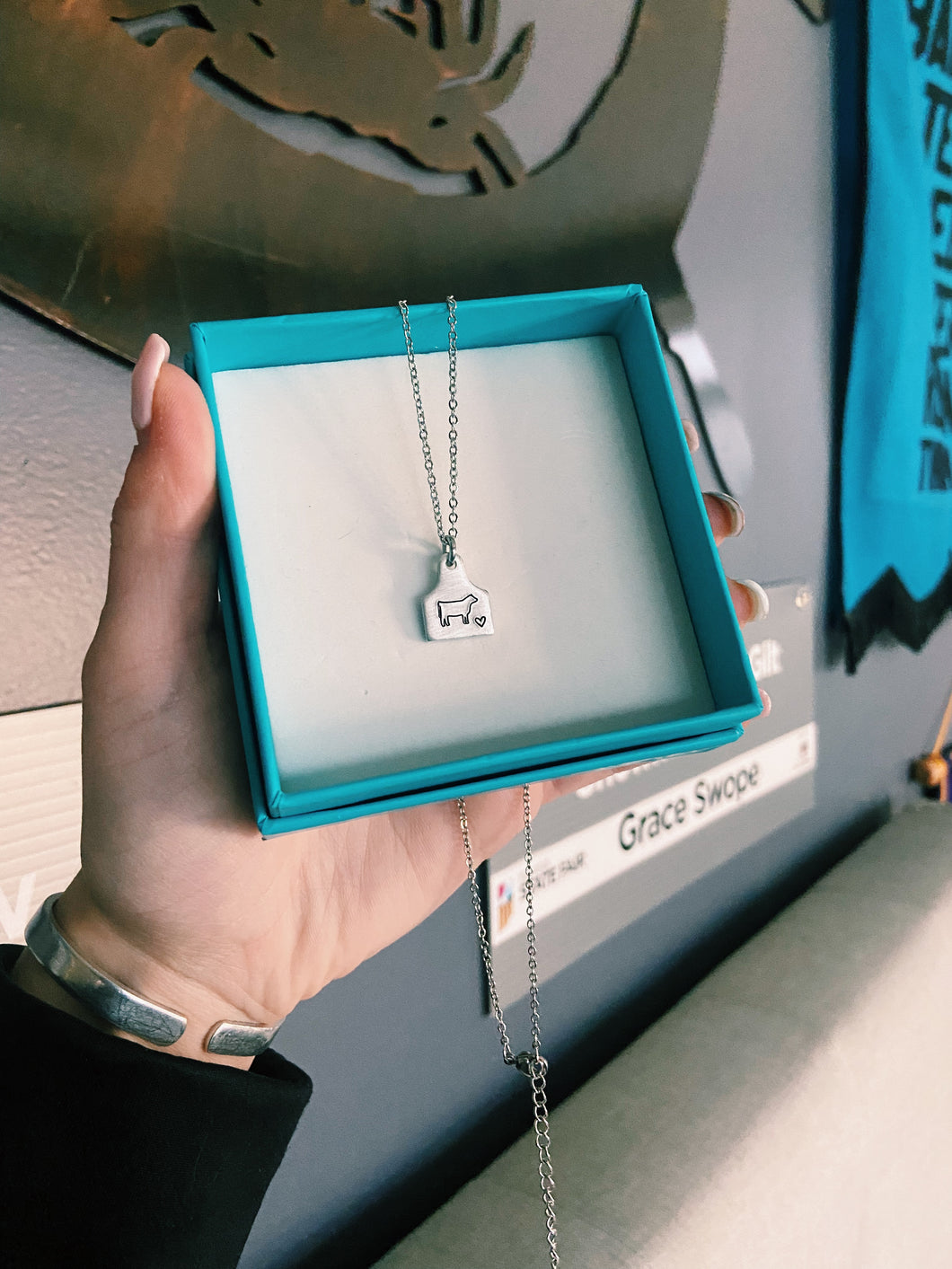 Heart Cow Mini Ear Tag Necklace