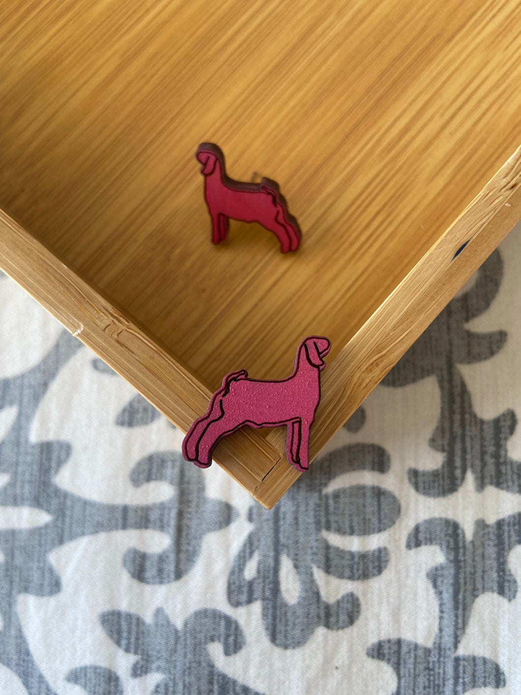 Magenta Goat Wooden Stud Earrings