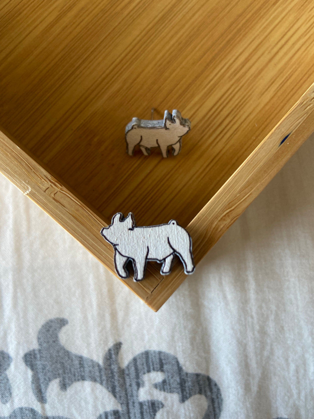 White Pig Wooden Stud Earrings