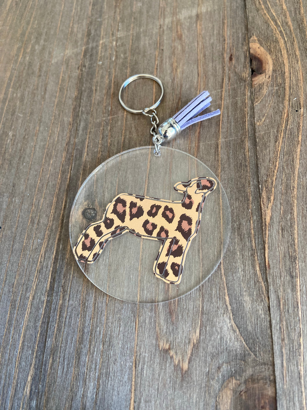 Brown Cheetah Print Lamb Circle Keychain