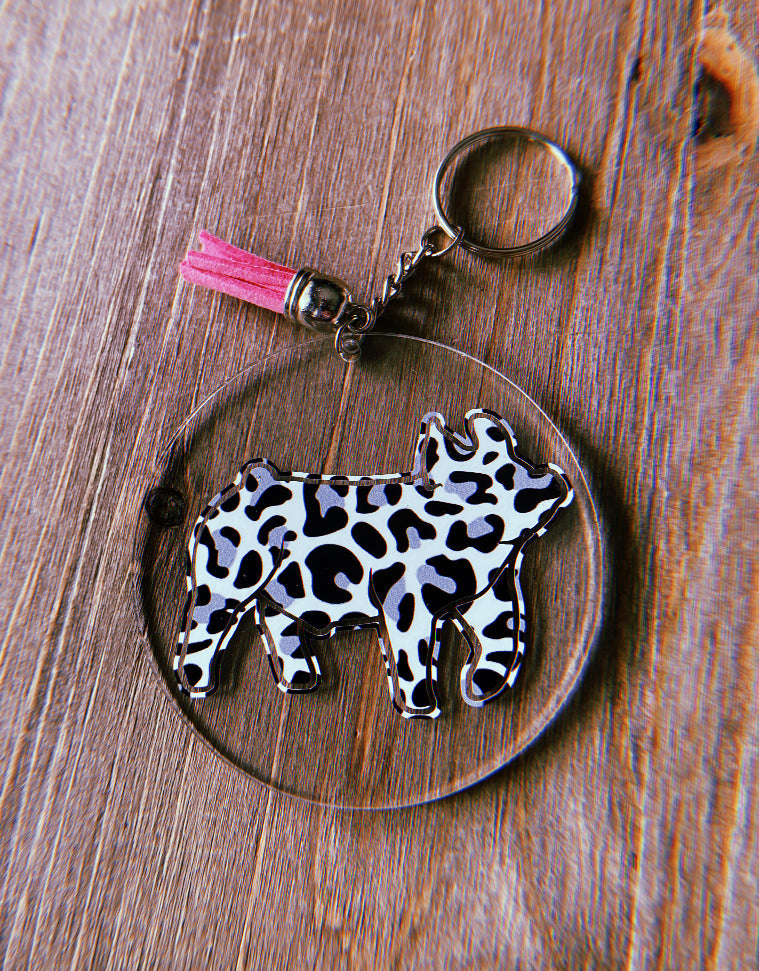 Cheetah Print Pig Clear Circle Keychain