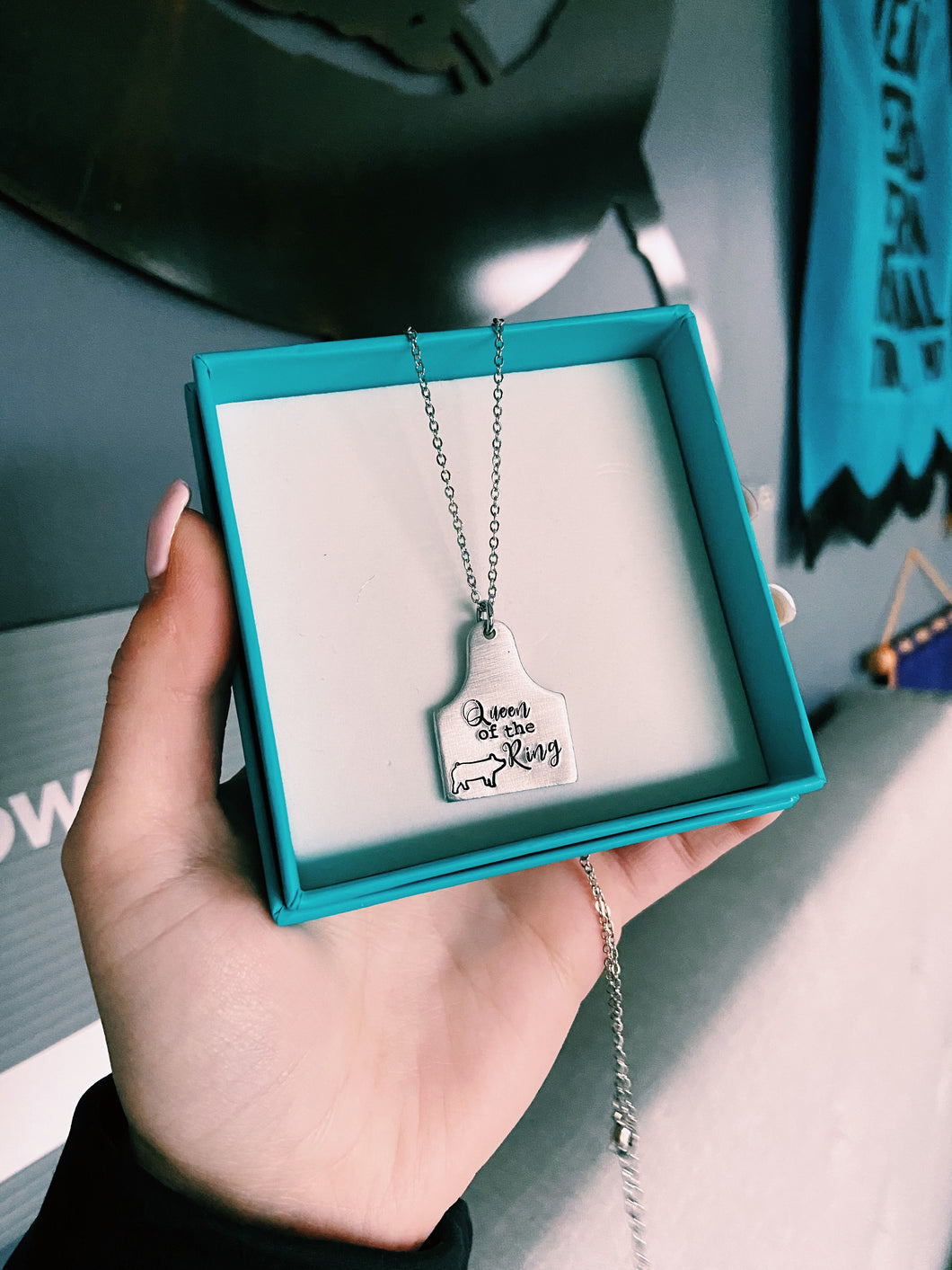 Queen Of The Ring Pig Ear Tag Necklace