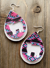 Load image into Gallery viewer, Vibrant Blue, Hot Pink &amp; Dark Brown Aztec Cow Teardrop Shaped Earrings
