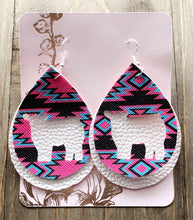 Load image into Gallery viewer, Vibrant Blue, Hot Pink &amp; Dark Brown Aztec Cow Teardrop Shaped Earrings
