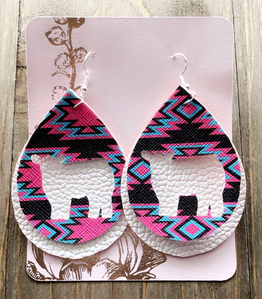 Vibrant Blue, Hot Pink & Dark Brown Aztec Cow Teardrop Shaped Earrings