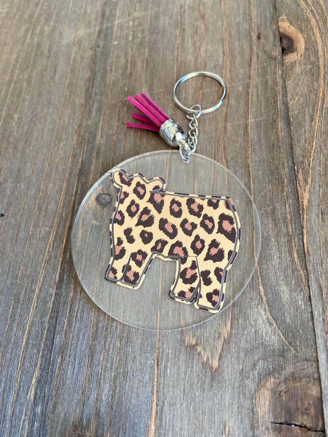 Brown Cheetah Print Cow Clear Circle Keychain