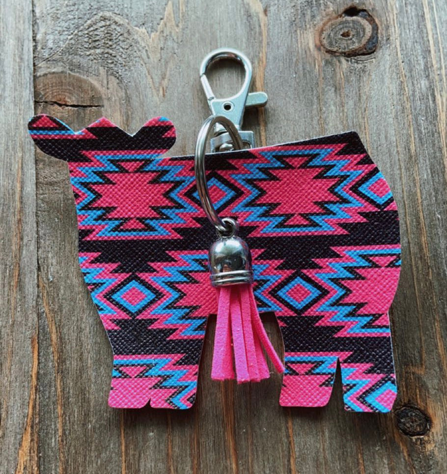 Vibrant Blue, Hot Pink, & Dark Brown Aztec Cow Keychain