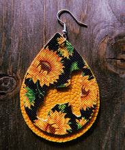 Load image into Gallery viewer, Black Sunflower Goat Teardrop Shaped Earrings
