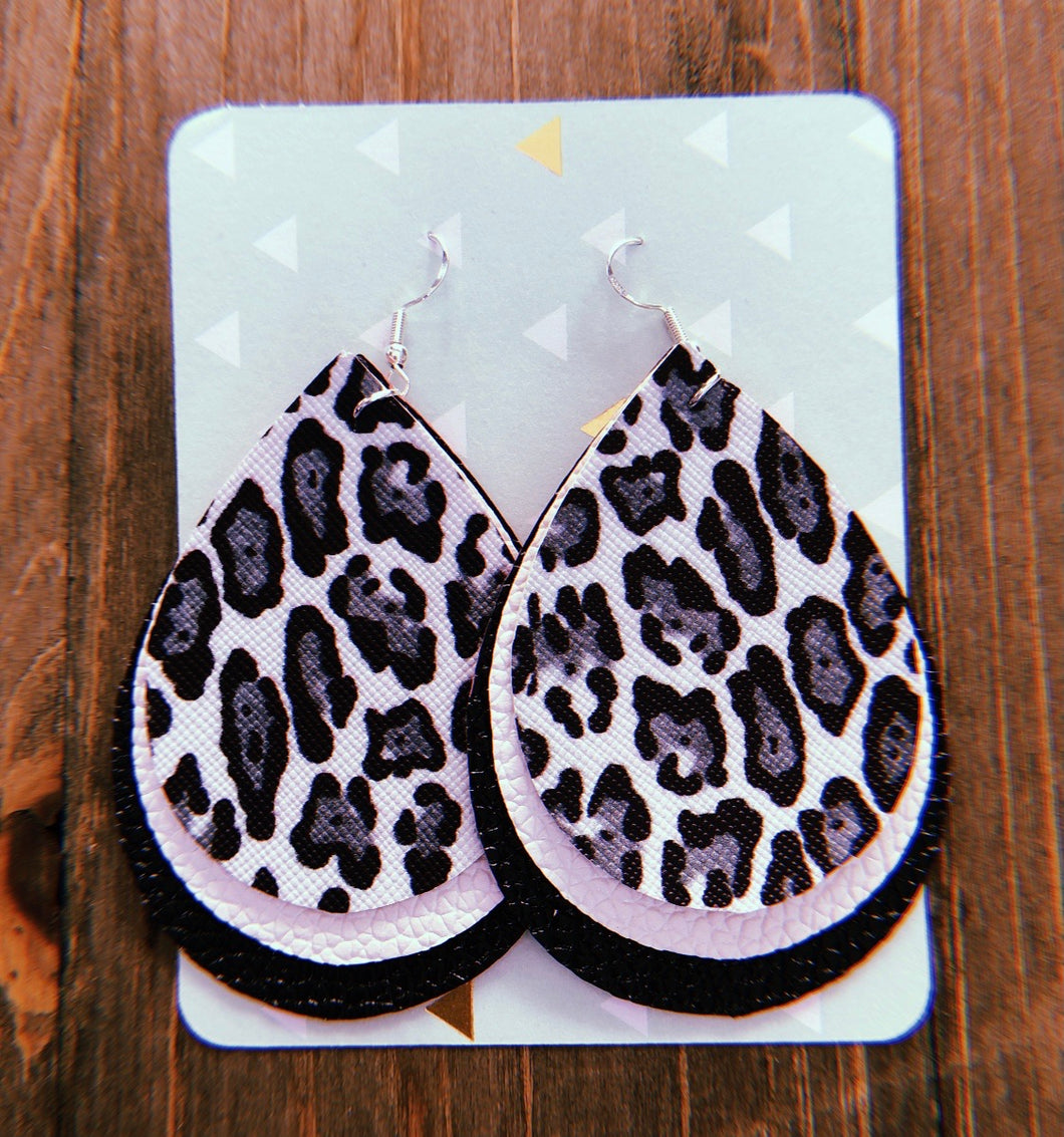 Black, Grey, & White Cheetah Print Teardrop Shaped Earrings