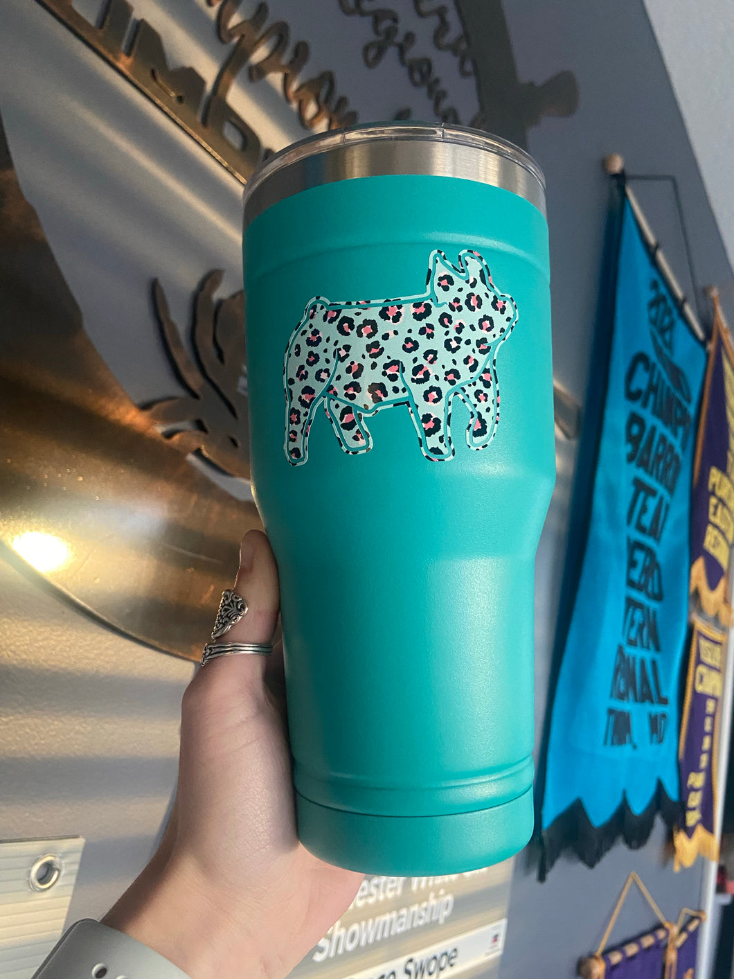 Mint Green Cheetah Print Pig Teal Tumbler