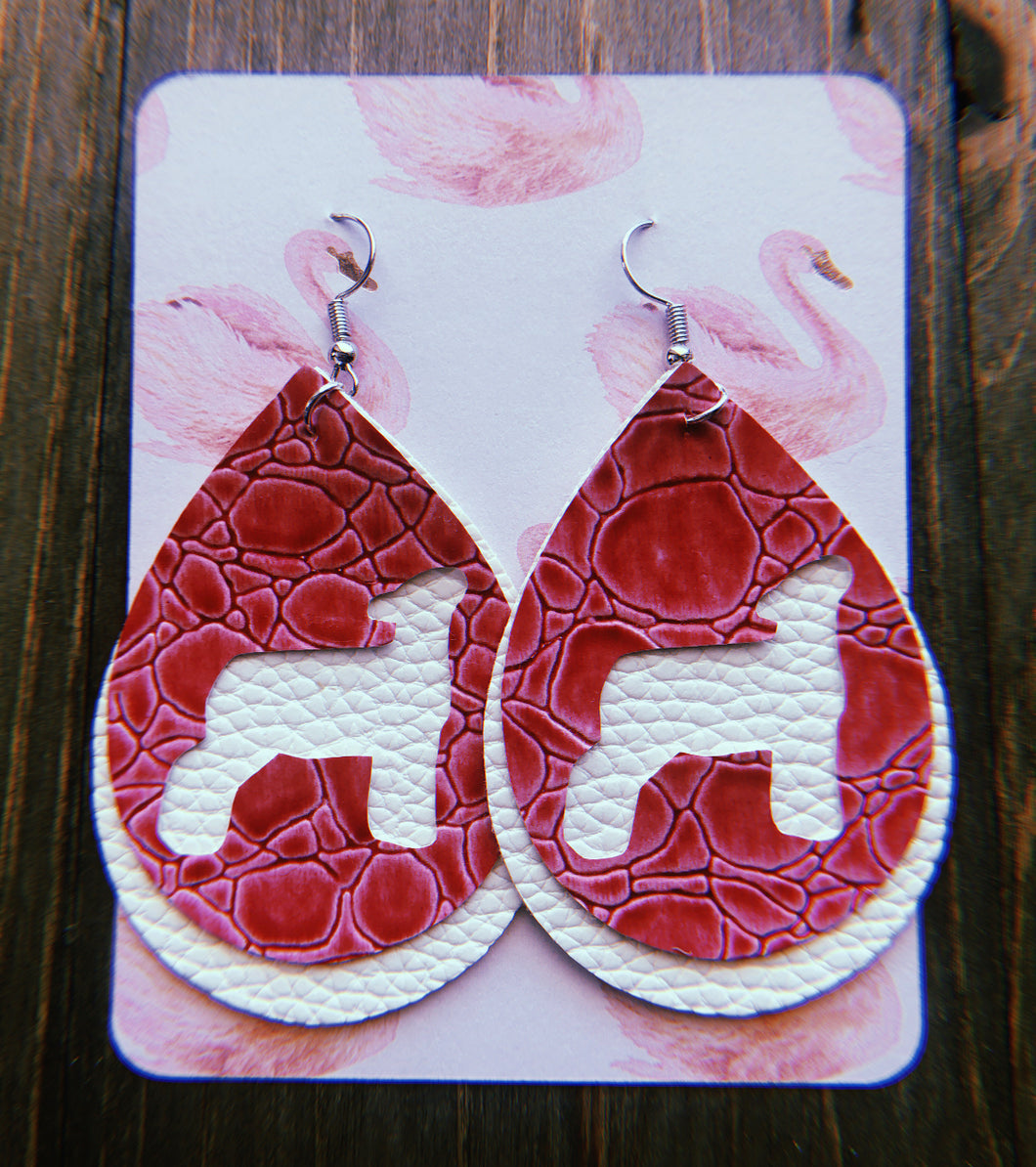 Hot Pink Textured Alligator Skin Lamb Teardrop Shaped Earrings