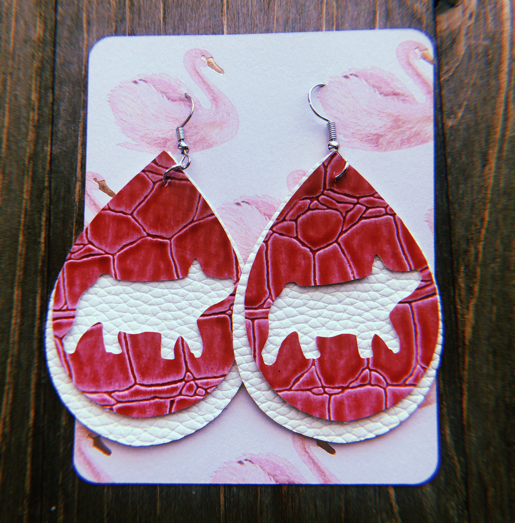 Hot Pink Textured Alligator Skin Pig Teardrop Shaped Earrings