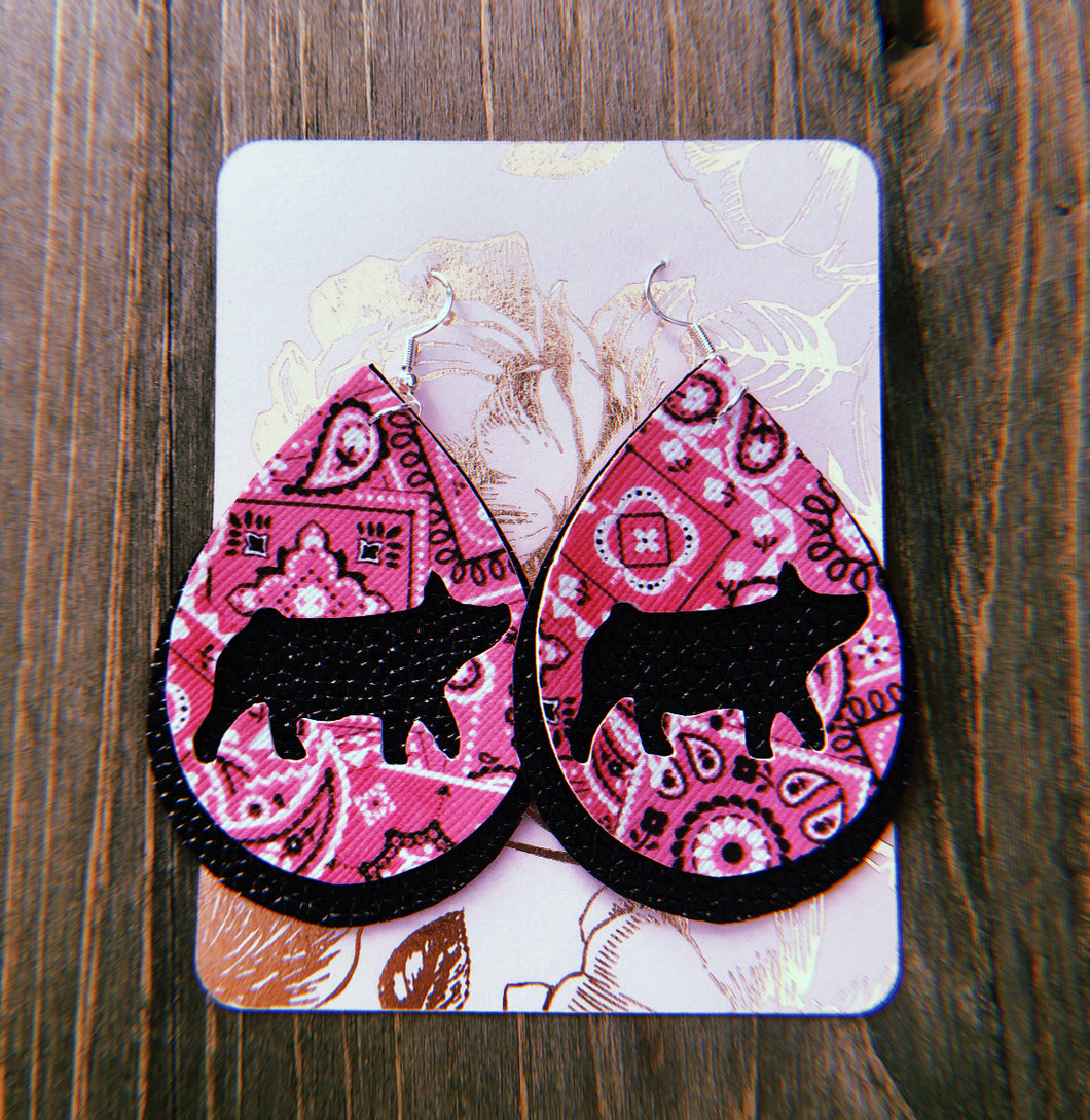 Pink Paisley Pig Teardrop Shaped Earrings