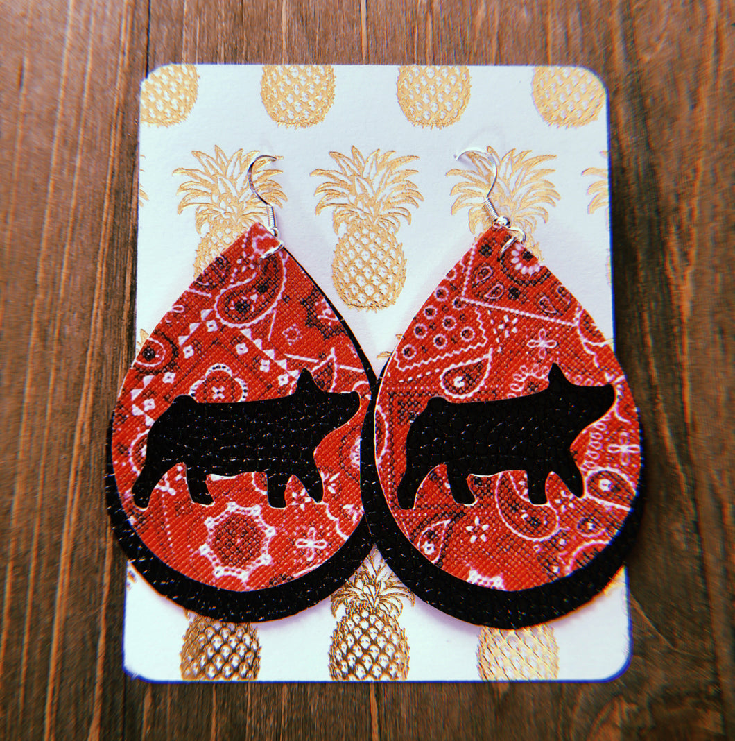 Red Paisley Pig Teardrop Shaped Earrings