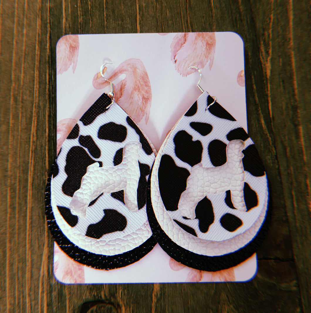 Black & White Cow Print Goat Teardrop Shaped Earrings