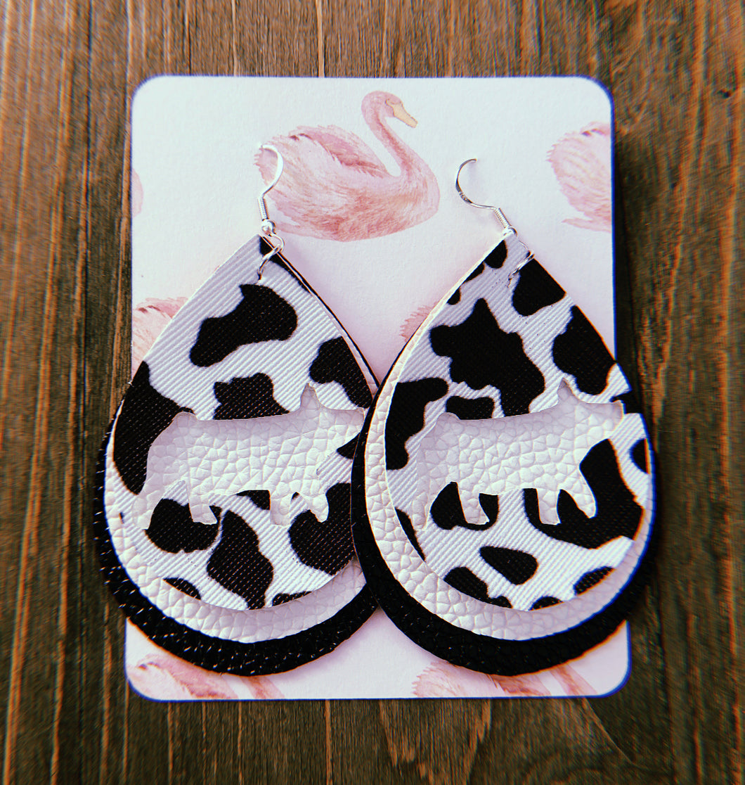 Black & White Cow Print Pig Teardrop Shaped Earrings