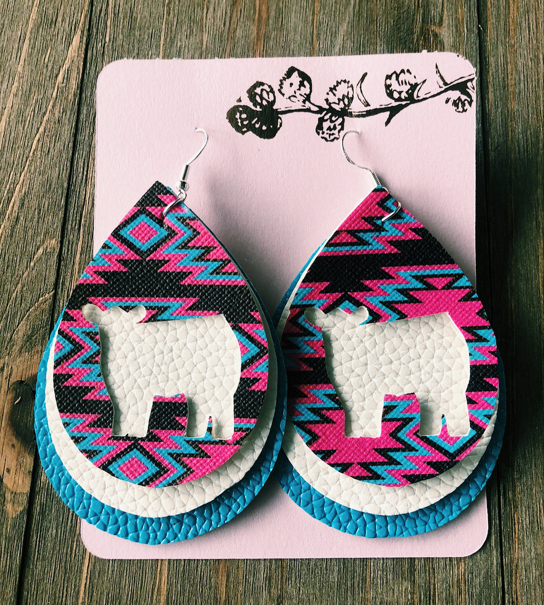 Vibrant Blue, Hot Pink, & Dark Brown Aztec Cow Teardrop Shaped Earrings