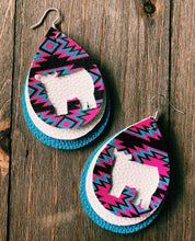 Load image into Gallery viewer, Vibrant Blue, Hot Pink, &amp; Dark Brown Aztec Cow Teardrop Shaped Earrings
