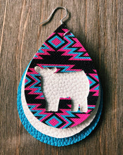 Load image into Gallery viewer, Vibrant Blue, Hot Pink, &amp; Dark Brown Aztec Cow Teardrop Shaped Earrings
