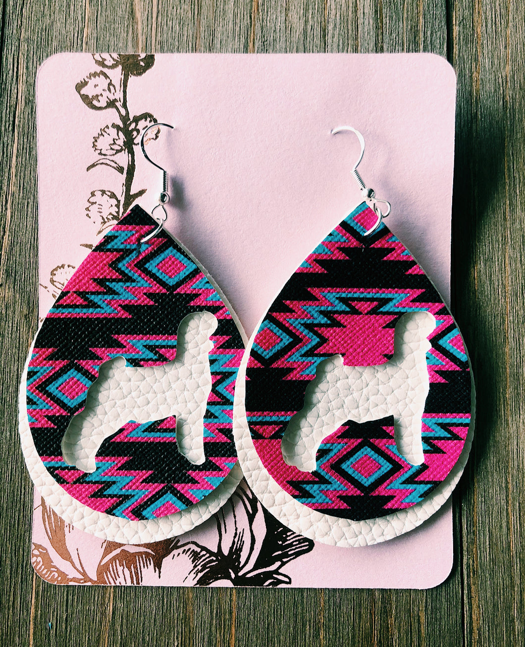 Vibrant Blue, Hot Pink, & Dark Brown Aztec Goat Teardrop Shaped Earrings