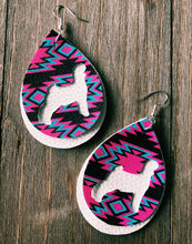 Load image into Gallery viewer, Vibrant Blue, Hot Pink, &amp; Dark Brown Aztec Goat Teardrop Shaped Earrings
