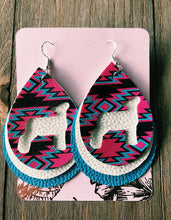 Load image into Gallery viewer, Vibrant Blue, Hot Pink, &amp; Dark Brown Lamb Teardrop Shaped Earrings
