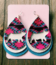 Load image into Gallery viewer, Vibrant Blue, Hot Pink, &amp; Dark Brown Aztec Pig Teardrop Shaped Earrings
