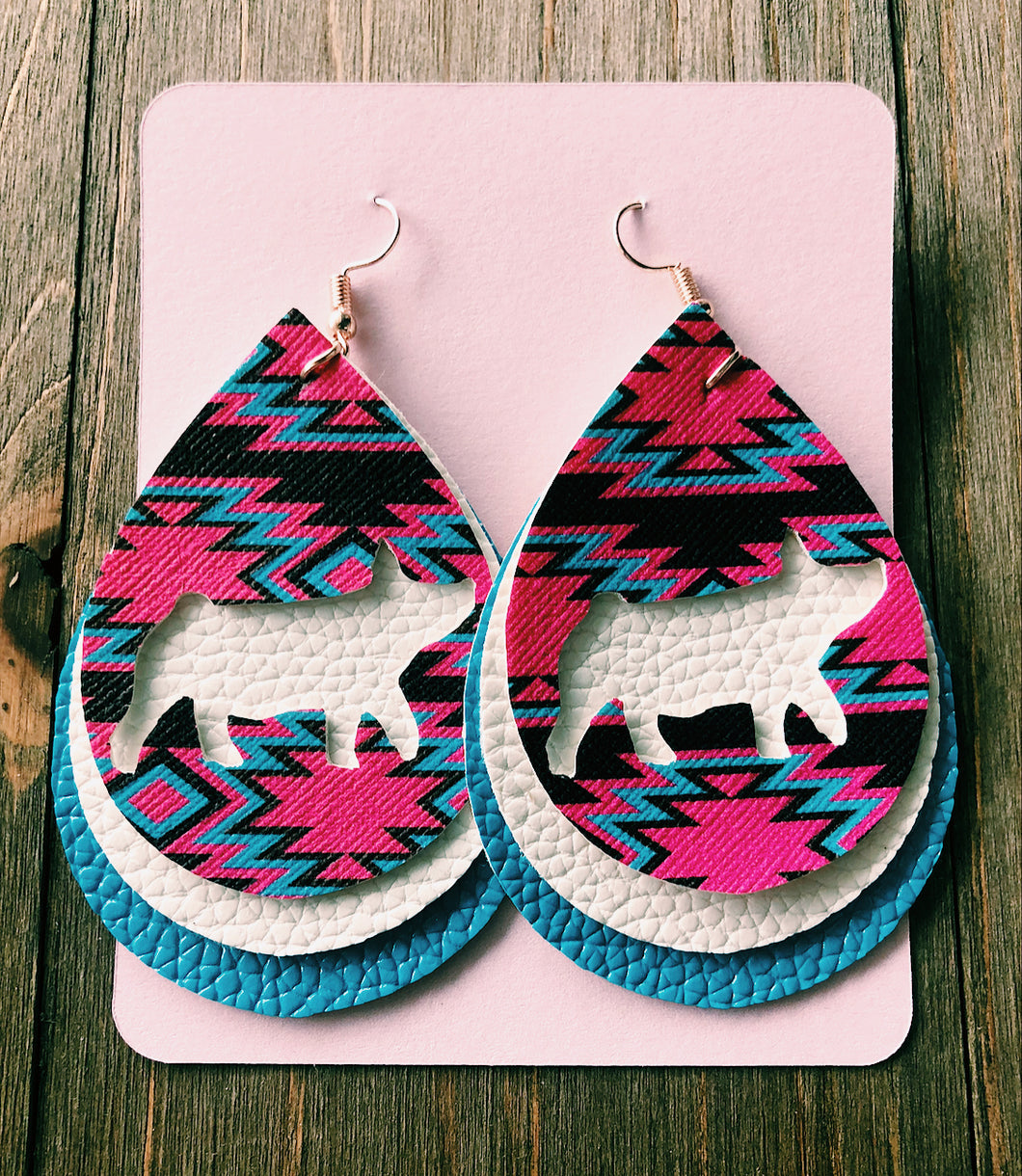 Vibrant Blue, Hot Pink, & Dark Brown Aztec Pig Teardrop Shaped Earrings