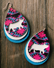 Load image into Gallery viewer, Vibrant Blue, Hot Pink, &amp; Dark Brown Aztec Pig Teardrop Shaped Earrings
