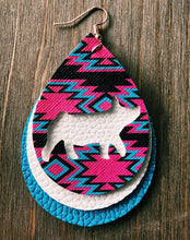 Load image into Gallery viewer, Vibrant Blue, Hot Pink, &amp; Dark Brown Aztec Pig Teardrop Shaped Earrings
