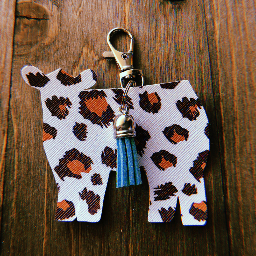 White Cheetah Print Cow Keychain